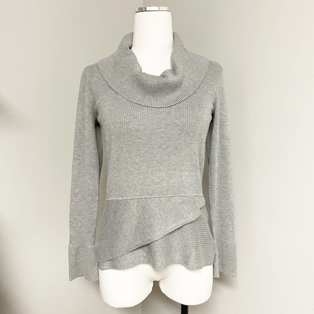 White House Black Market Grey Ribbed Cowl Neck Sweater Asymmetrical Waist Medium
